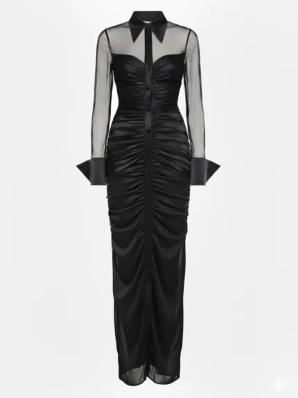Sheer Silk Mesh Evening Dress with Taffeta Collar & Cuffs