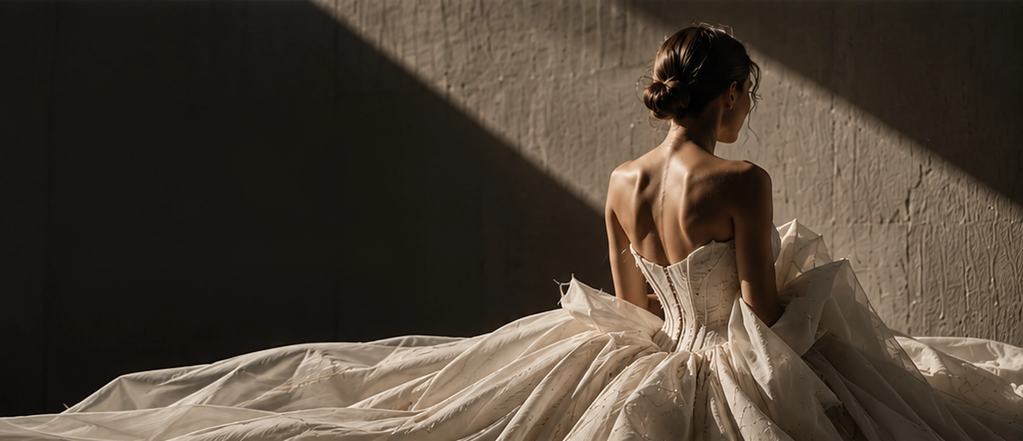 Bride seen from behind in an ivory sculptural corset gown with a sweeping skirt