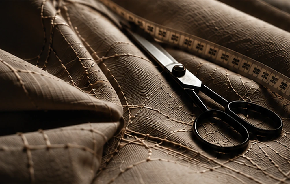 Tailoring scissors and a measuring tape resting on hand-stitched fabric